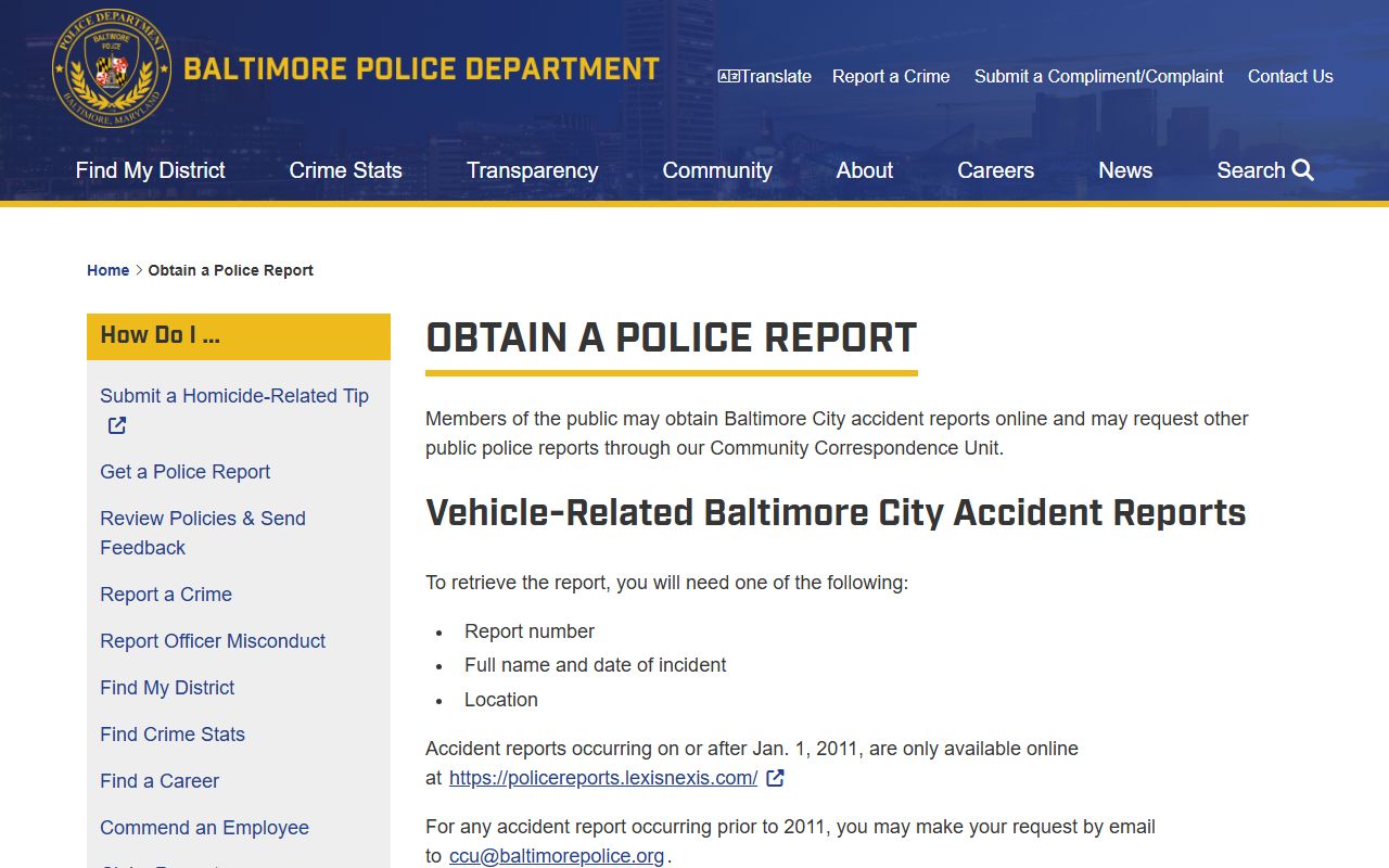 Baltimore Police Department police report request page