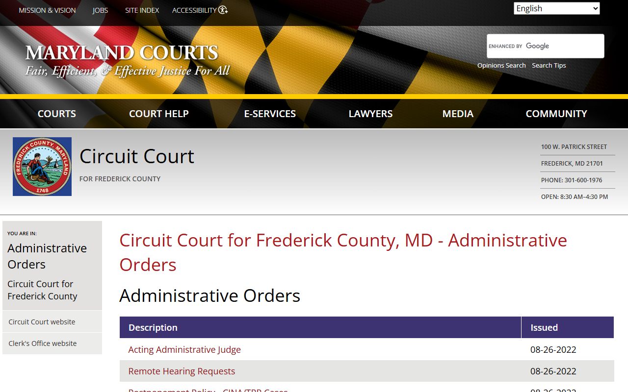 Frederick County Circuit Court page on Maryland Courts website