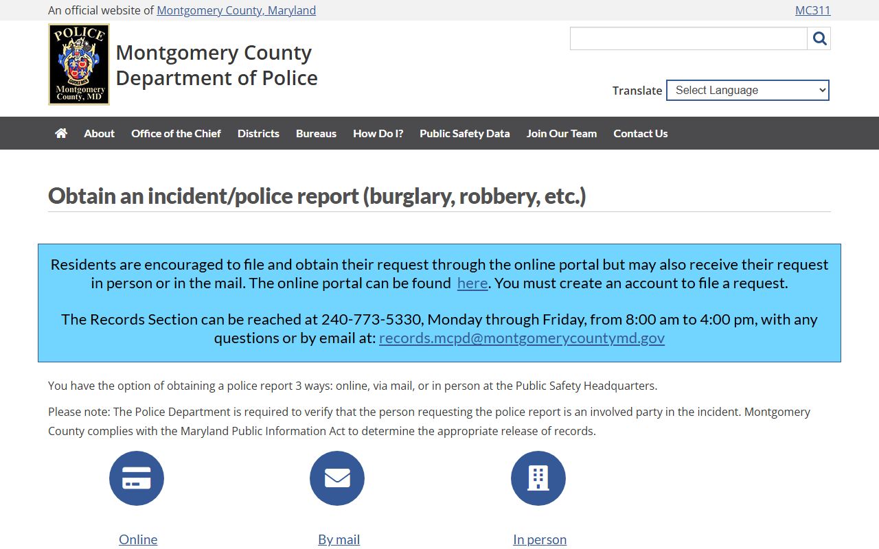 Montgomery County Police Department records request page for Germantown incidents