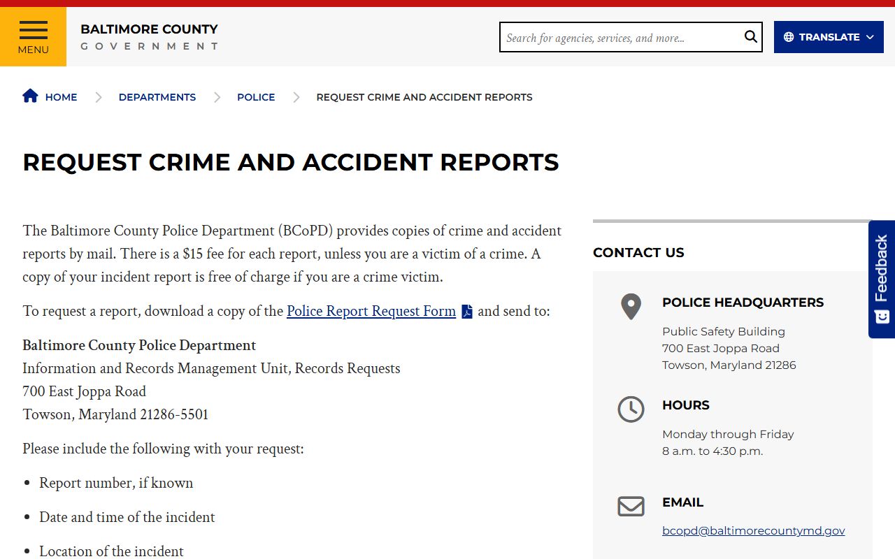 Baltimore County Police records request page for Towson