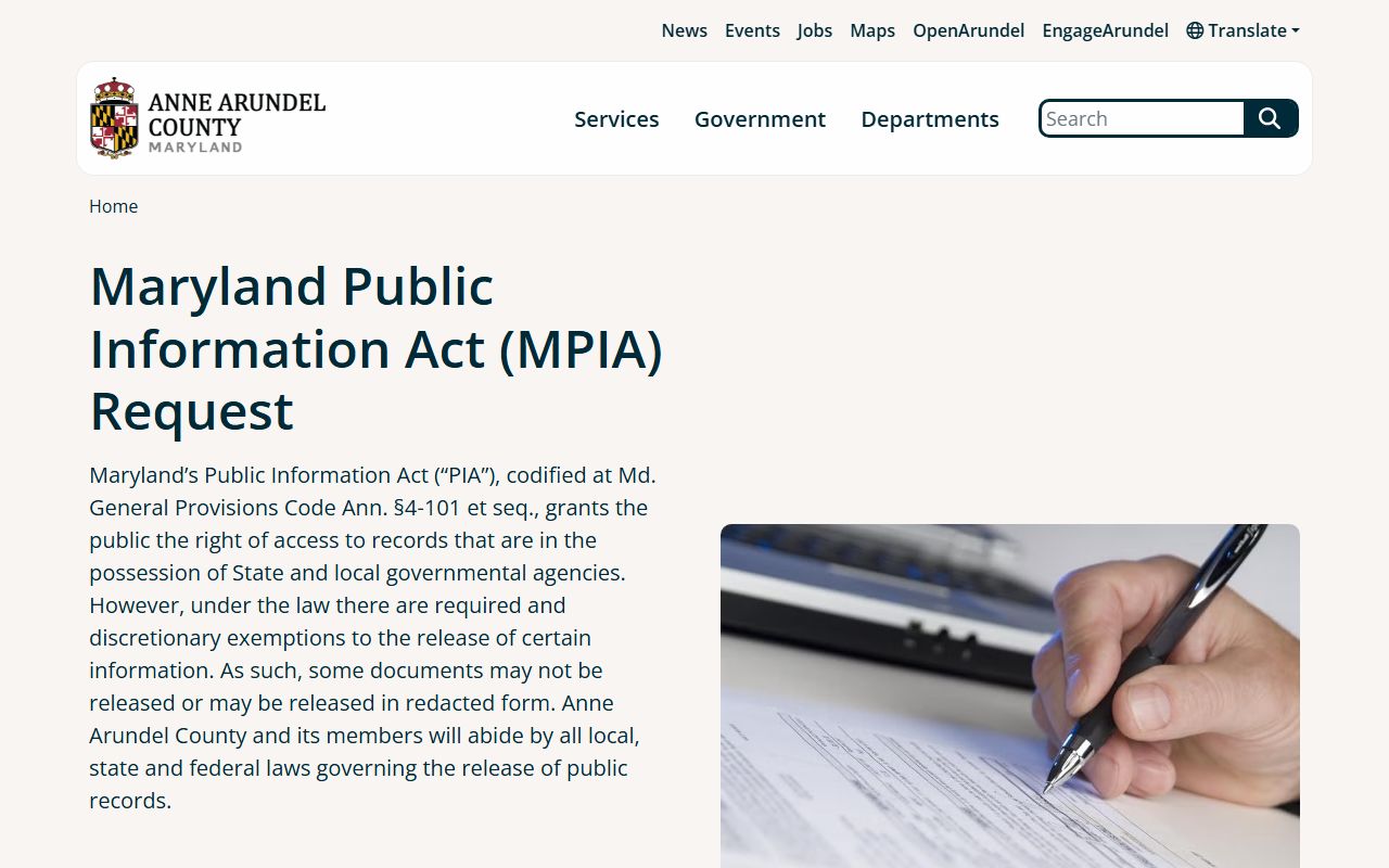 Anne Arundel County MPIA portal for public records requests