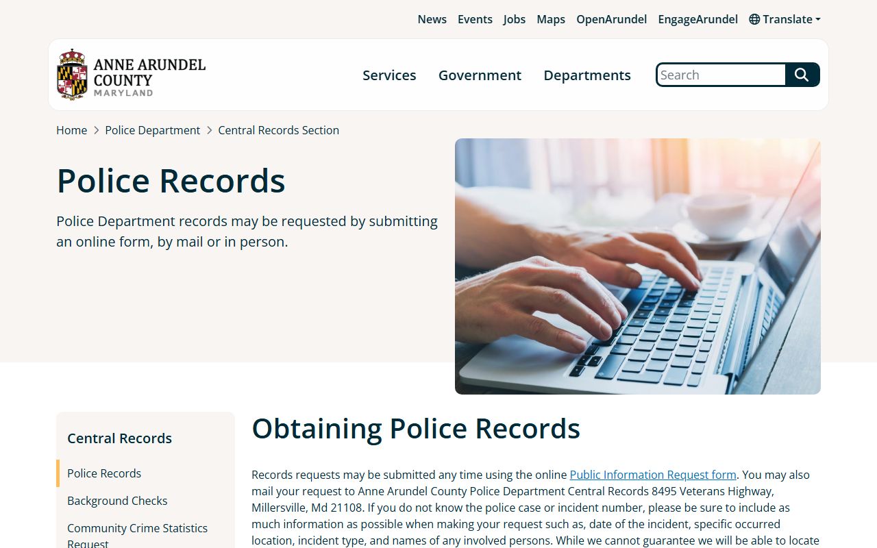 Anne Arundel County police records portal for felony record requests
