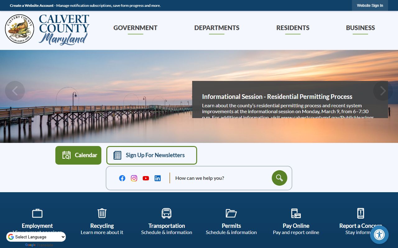 Calvert County government website showing departments relevant to felony records