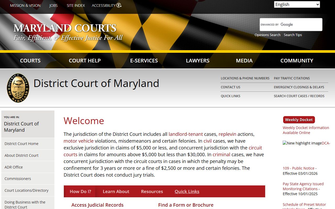 Maryland District Courts website showing Worcester County district court information