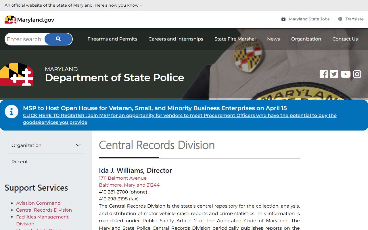Maryland State Police Central Records Division for felony records